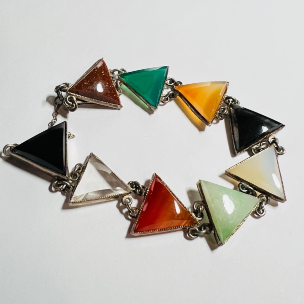 Vintage Midcentury Bracelet - Triangle Faceted Semi Precious Stones - Silver - Picture 11 of 11